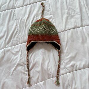 Beanie Ear Flap Hat 100% Wool Green Orange Fair Isle Fleece Lined Winter Fall